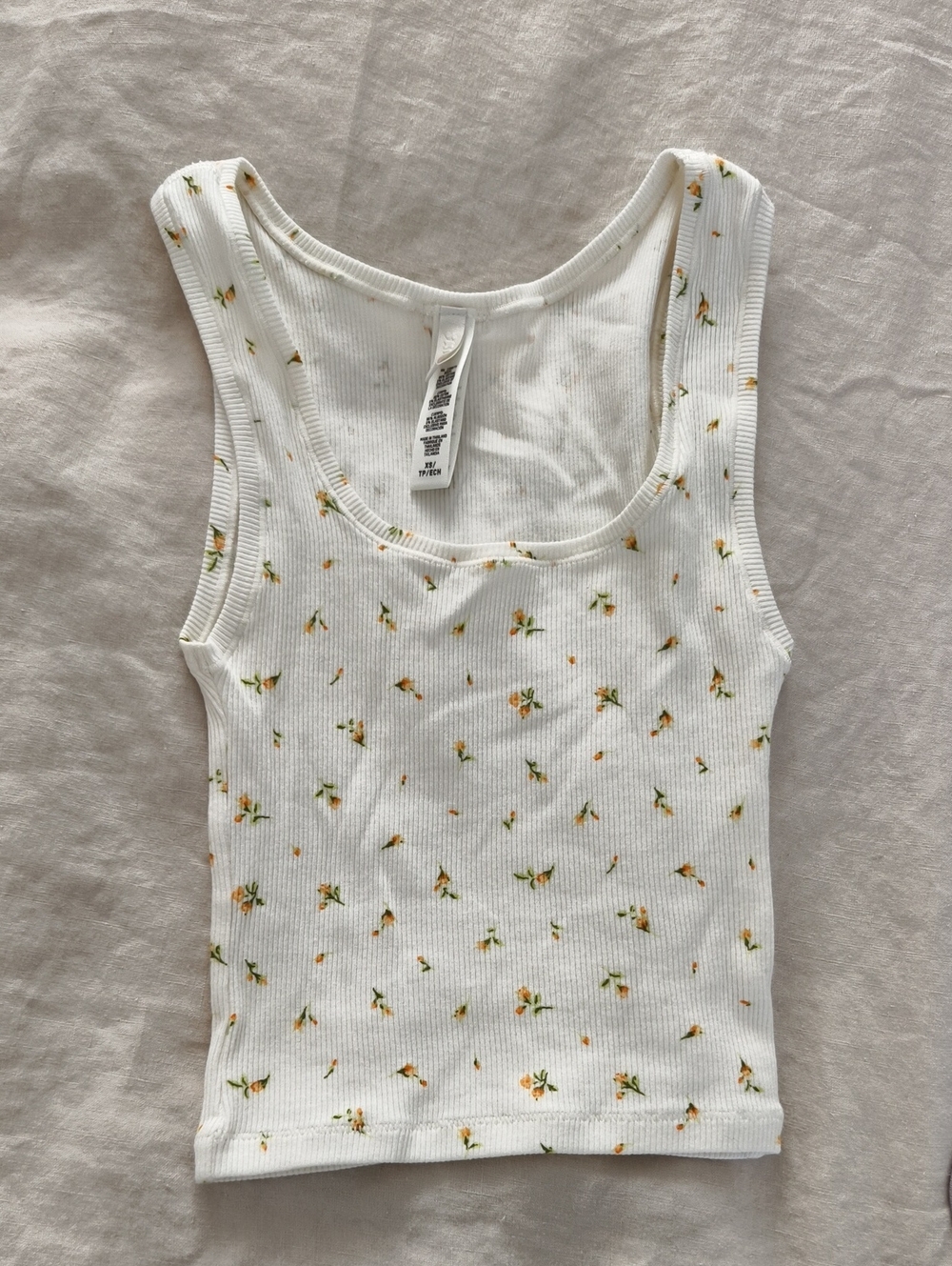 Skims White Ribbed CottonTank with Yellow & Green Floral Print